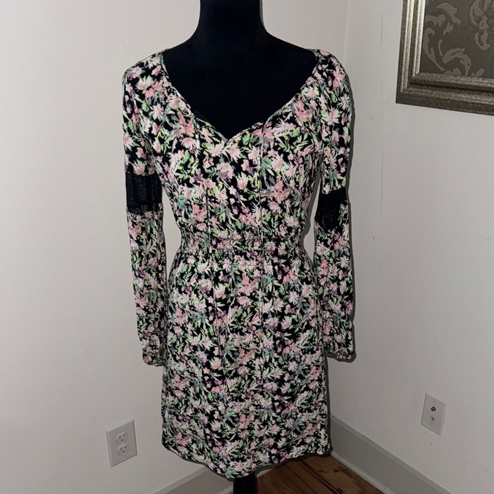 Princess Vera Wang floral print peasant mini dress long sleeves‎ elastic waist S - Picture 3 of 8